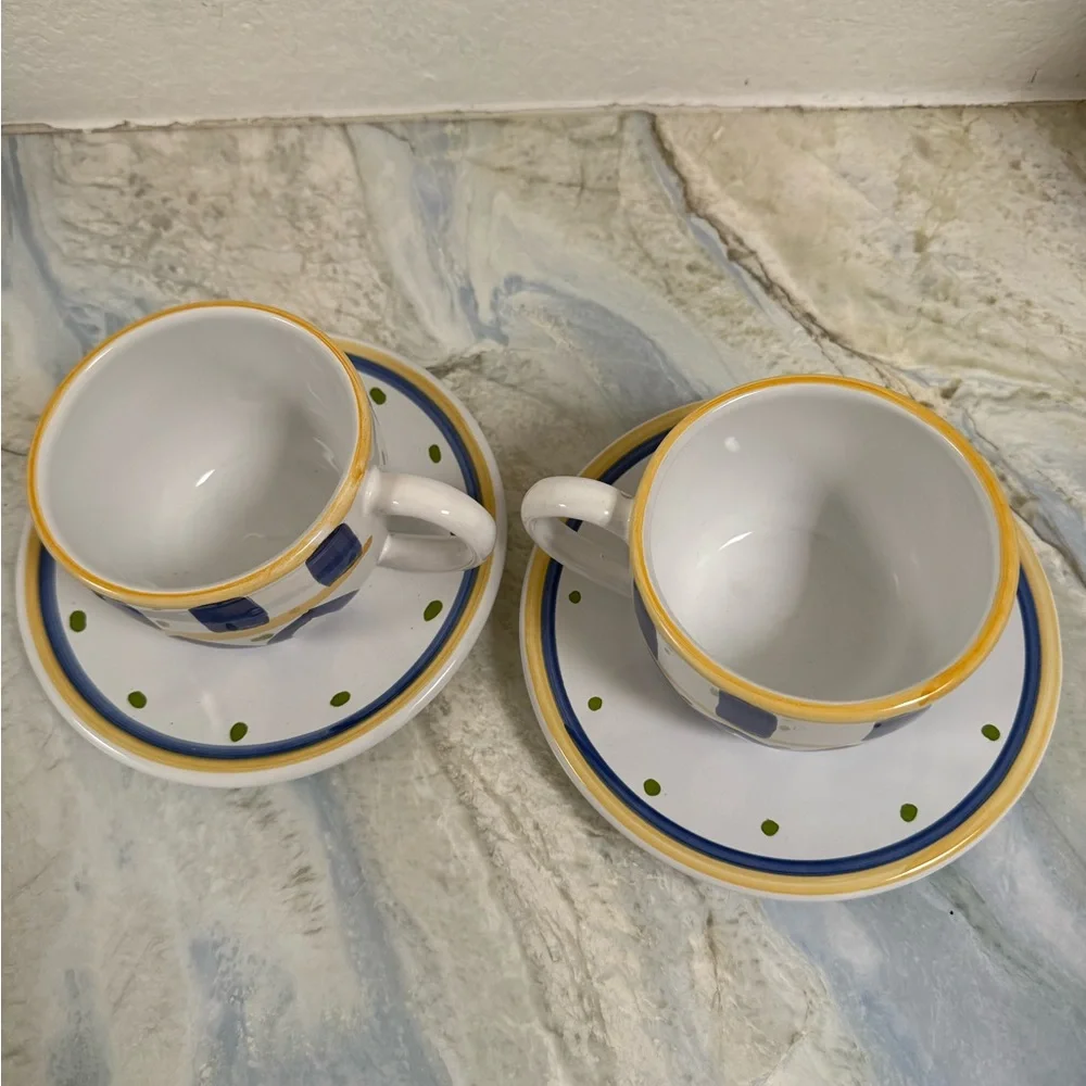 Pottery Barn made in Italy cup mug saucer blue ceramic pottery hand painted